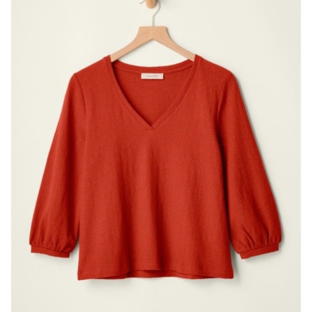 Garnet Hill Pebble Stitch Knit Top Tomato Red Womens Sz XS Cotton Bishop Sleeves